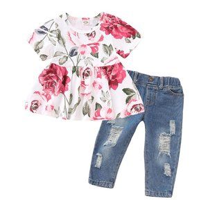 Girls short sleeve floral top and jeans set